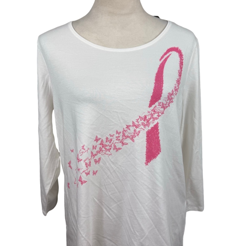 NWT Chico's White Top with Pink Breast cancer Ribbon Design top size large